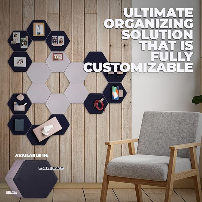 Leather Magnetic Notice Board Platform | Adhesive On Wall Organiser Hexagon 17cmx20.3cm | Best with Coulf Magcessories | 3 Pcs Dark Lilac