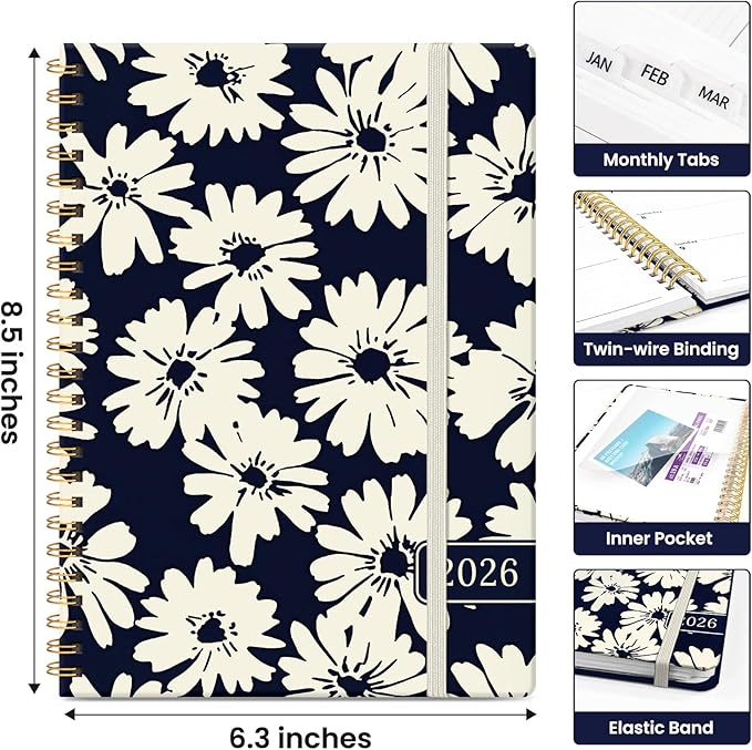 2026 Planner, Weekly and Monthly Calendar Planner for Women, Jan 2026 - Dec 2026, Hardcover Planning Agenda book with Tabs, Spiral Bound, Inner Pocket, Perfect for School Office Supplies, 6.3" x 8.5" - Simple Daisy