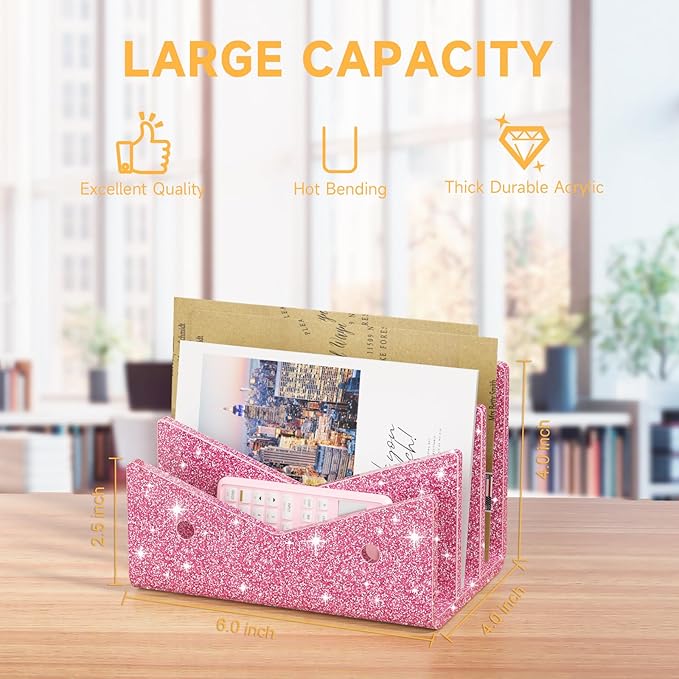 Mail Organizer Envelope Holder - 3 Compartments Glitter Pink Acrylic Mail Holder Countertop Vertical Desk Organizer Small File Bill Document Notebook Letter Sorter for Home School Office