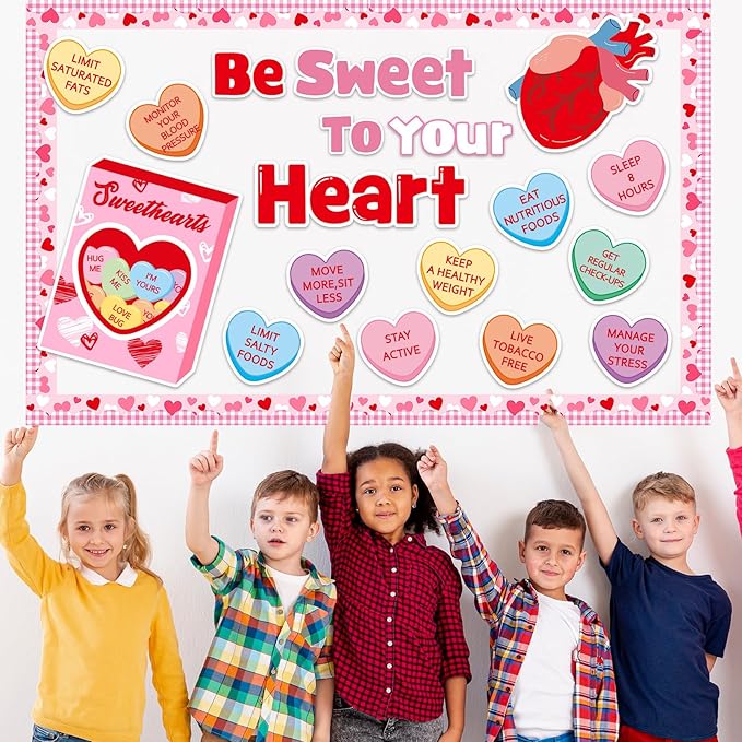 JarThenaAMCS Valentine' s Day Health Habits Bulletin Board Set Conversation Heart Paper Cutouts Be Sweet to Your Heart Classroom Decorations for School Home Wall Door Decor Valentines Party Supplies