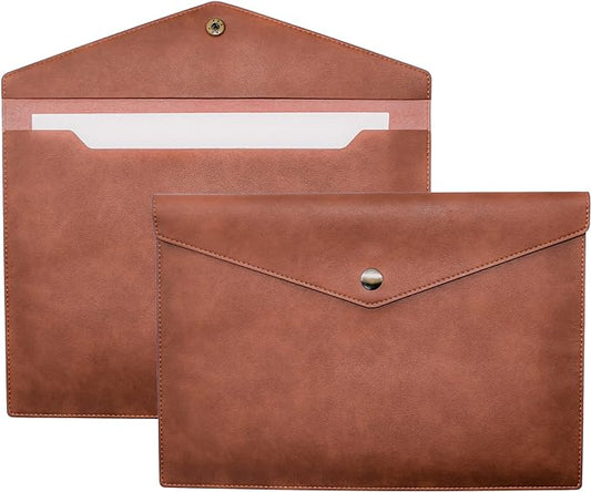 VANRA 1 Piece PU Leather File Folders A4 Document Holder File Envelope Waterproof Portfolio Filing File Organizer for Letter Size with Snap Button Closure, Brown