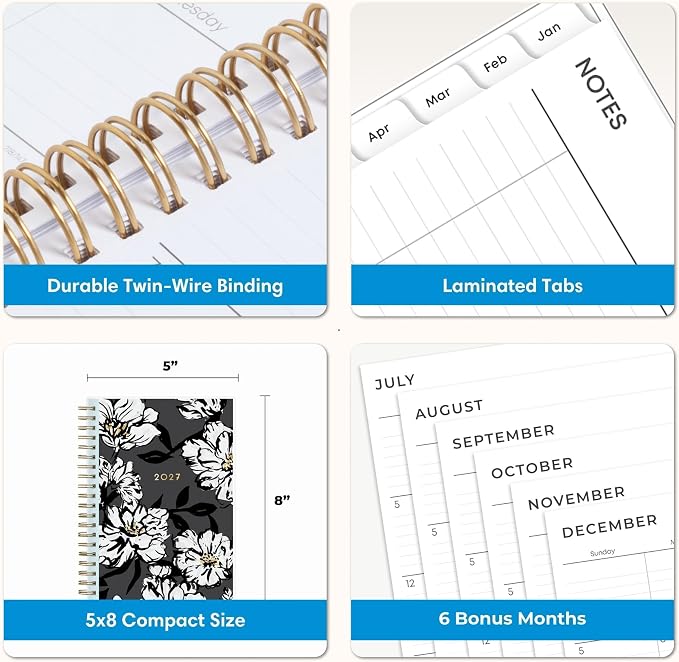 Blue Sky 2027 Weekly and Monthly Planner Calendar, January 2027 - December 2027, 5" x 8", Clear Pocket Cover, Laminated Tabs, Durable Twin Wire Binding, Baccara Dark
