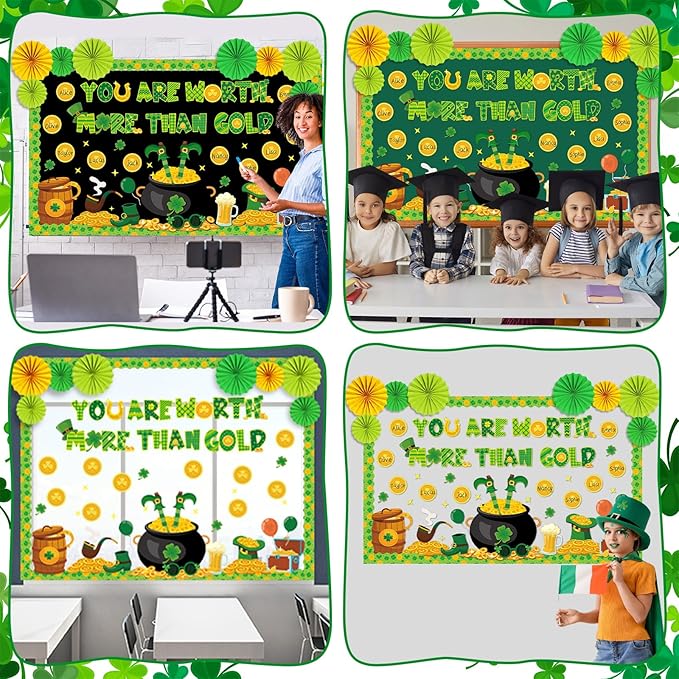 St. Patrick's Day Bulletin Board Classroom Decorations with 3D Paper Fans You are Worth More Than Gold for Lucky Shamrock Clover Gold Coin Cutouts Bulletin Board for Irish Holiday School Wall Decor