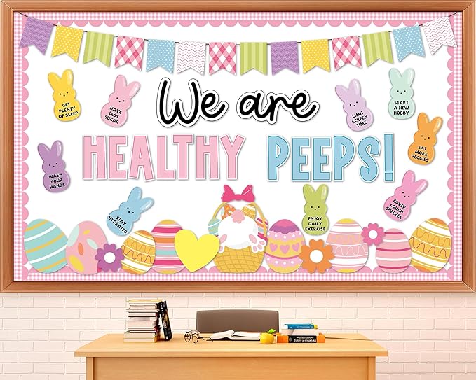 Easter Bulletin Board Decorations Set Health Habits Classroom Decoration Easter Egg Bunny Flower Cutouts Health Theme Bulletin Board for Spring Holiday Party School Home Nursery Chalkboard Wall Decor