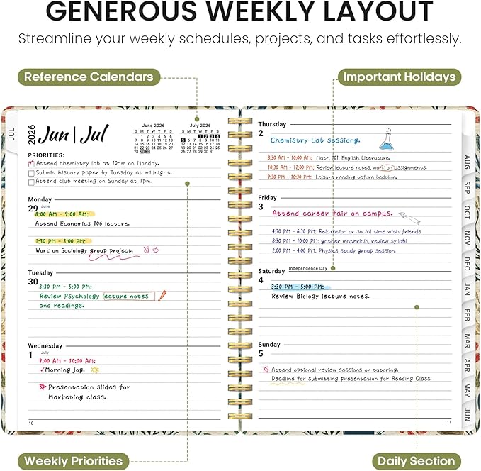 Planner 2026-2027, Academic Year Weekly and Monthly Calender Planner, from Jul 2026 - Jun 2027, Spiral Bound School Planning Book, Perfect for Teacher, Student, Women & Men, A4 (8.5" x 11"), Herbs