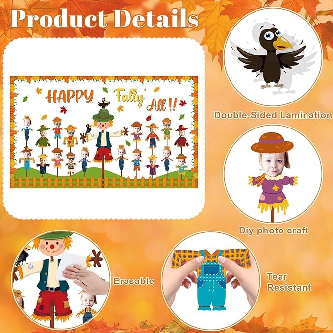 Fall Scarecrow Classroom Bulletin Board Decorations Autumn Pumpkin Maple Leaves Paper Cutouts Fall Scarecrow Classroom Bulletin Board Set DIY Photo Decor for Home School Office Pizza Party Supply