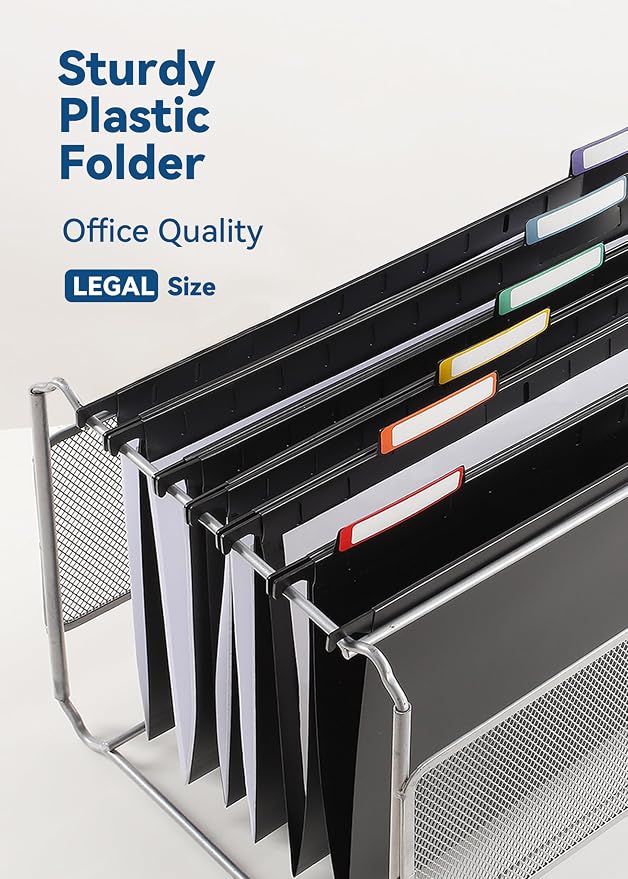 SortRax Plastic Legal Size Hanging File Folders, 12 Pack Black Hanging Folders, with Insertable 1/5-Cut Tabs for Filing Cabinets
