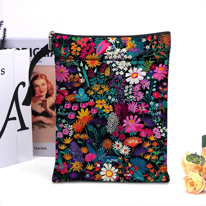 Flower Pattern Book Sleeve,Book Lovers Gifts Waterproof Book Cover for paperbacks with Zipper and Front Pocket Book Pouch for Women Teacher Birthday Graduation Christmas Gifts (Wildflower1604)