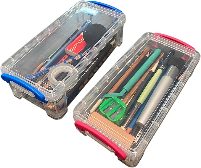 Clear Stackable Storage Containers with Colored Handles, 6 Pack Plastic Organization Boxes for Office Supplies, Art Materials, School Storage (blue) ((22 × 10 × 6.8 cm)*6 blue)