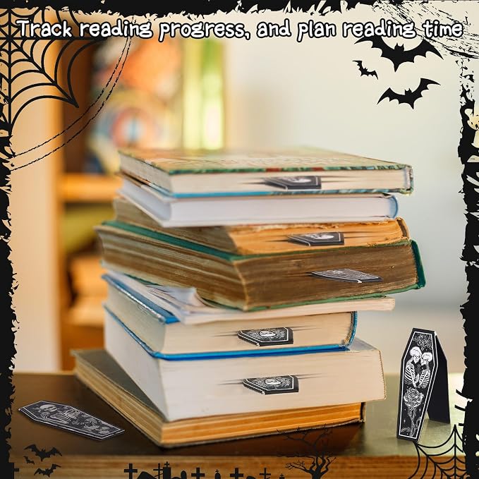 Clabby 48 Pcs Mini Gothic Skeleton Coffin Magnet Bookmarks Bulk with Magnet Halloween Gothic Book Marker Dark Romance Holiday Gift for Book Lovers Bookworm Bookish 12 Style