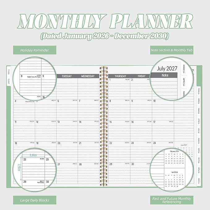 2026-2030 Monthly Planner 5 Year Monthly Planner/Calendar 2026-2030, Jan 2026 – Dec 2030, 9" x 11", Tabs, Double-Side Pocket, Holidays, Thick Paper - Green