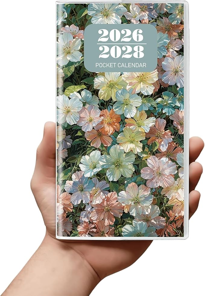 Pocket Calendar 2026-2028 Floral Series, Monthly Planner Jan 2026 to Jul 2028 (3.7" x 6.7") Perfect Purse Calendar, Pocket Agenda with Protective Plastic Sleeve-Mixed Floral