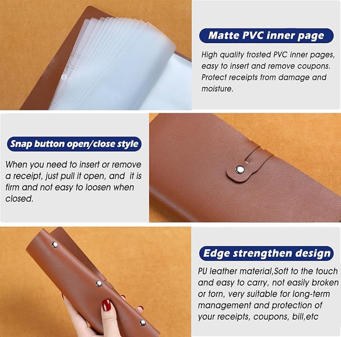 Leather Receipt Organizer, Portable Receipt Holder for Travel, Daily Coupon Organizer with 20 Pockets and 12 Card Slots to Keep Receipts and Coupons Organized, Prevent Loss and Damage (Brown)