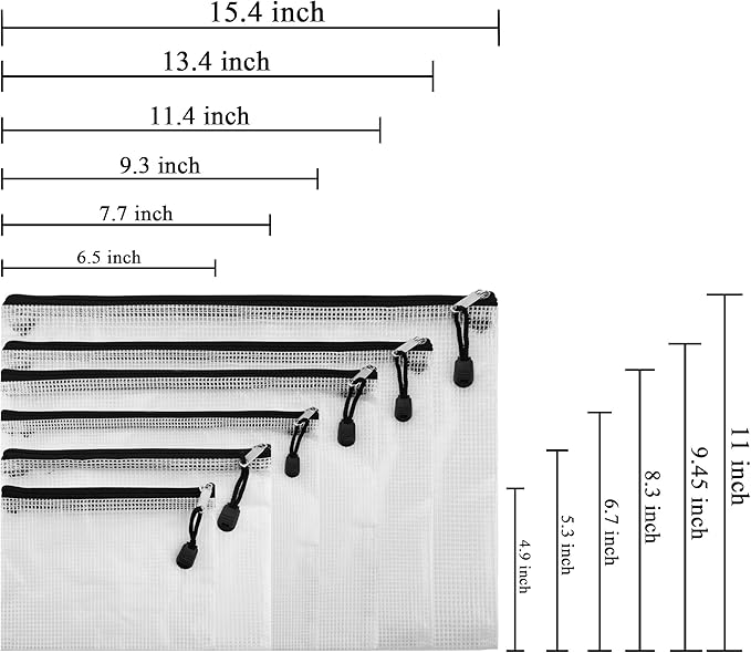 12 Pieces Black Zipper Pouch Zipper File Bags Mesh File Folders with Grid Travel Pouch, 6 Sizes