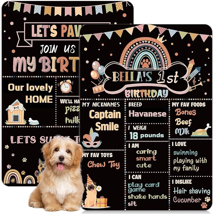 Tiamon Dog Birthday Chalkboard Boho Themed Dog Birthday Photo Props Rainbow Pet Milestone Chalkboard Sign for Party Supplies Double Sided Reusable Erasable 14 x 10 Inch