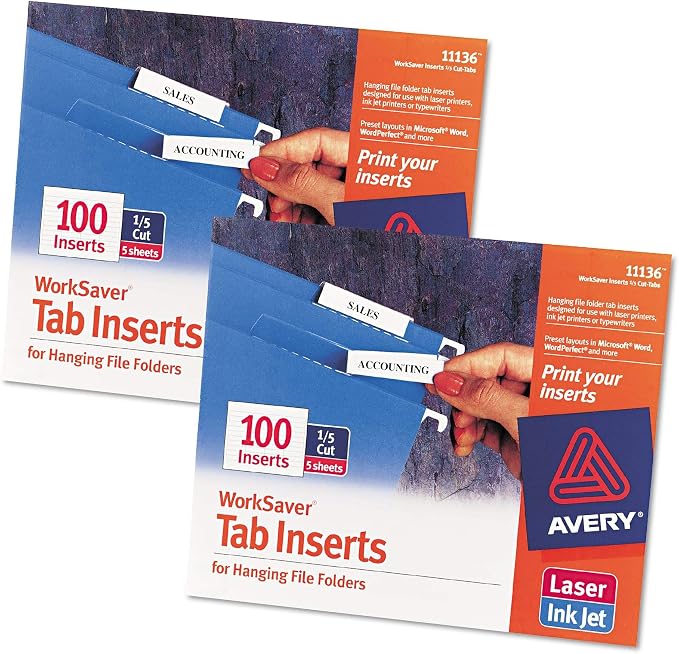 Avery : Laser/Inkjet Inserts for Hanging File Folders, 1/5 Tab, 2in, White, 100/Pack -:- Sold as 2 Packs of - 100 - / - Total of 200 Each