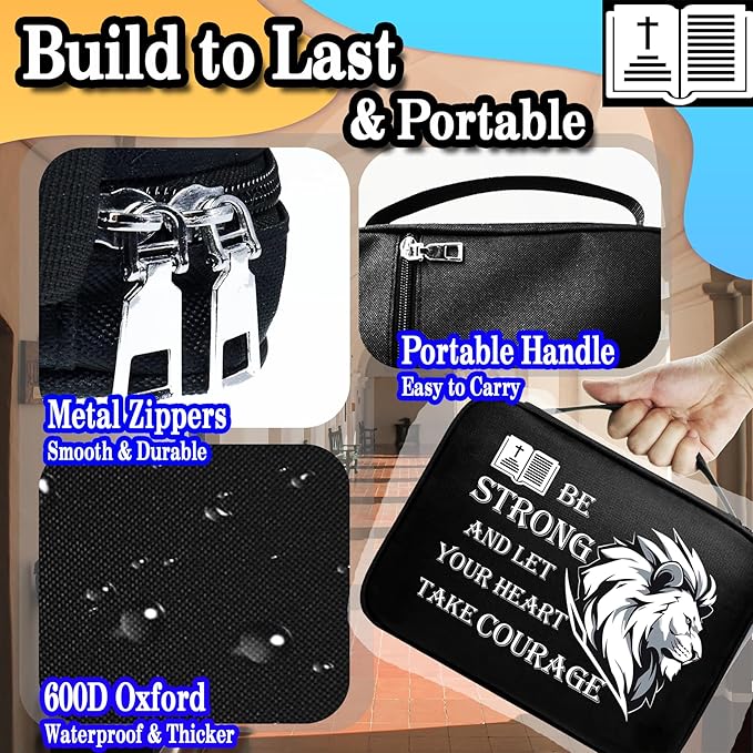 Courage Lion Bible Case, Practical Black Bible Cover Case with Handle, Pockets, Pen Slots, 10” x 8” Portable Bible Carrier Bag Fit Medium to Small Bibles Christian Church Gifts for Men Women