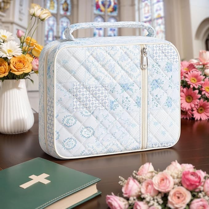 WOBAGMEN Bible Cover Case for Women,Large Bible Tote Bags Organizer Quilted Carrying Case for Girls,Bible Study Supplies Accessories Christian Gifts for Women (Blue Floral pin, M)