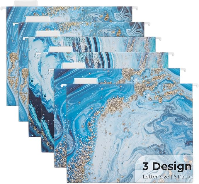 Y YOMA 6 Pack Decorative Hanging File Folders Letter Size Marble Cute Hanging Folder Pretty File Folder Organizer for Filing Cabinet Office Home with 1/5-Cut Adjustable Tabs, 3 Blue Marble Design