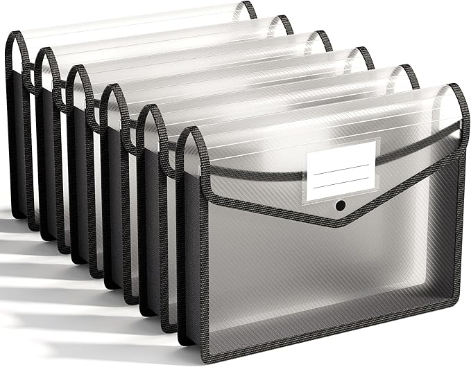 ABC life 6-Pack Plastic Expanding File Folders, Folders for Documents with Snap Closure, Large Capacity Document Envelopes, Fits Letter/A4 Size Paper - Black