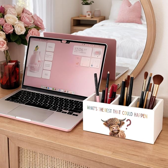 What’s The Best That Could Happen Cow 3-Compartment Desk Organizer, Wooden Pencil Holder for Pens, Pencils, Scissors & Rulers, Cute Farm Animal Theme for Home, Kids, Office