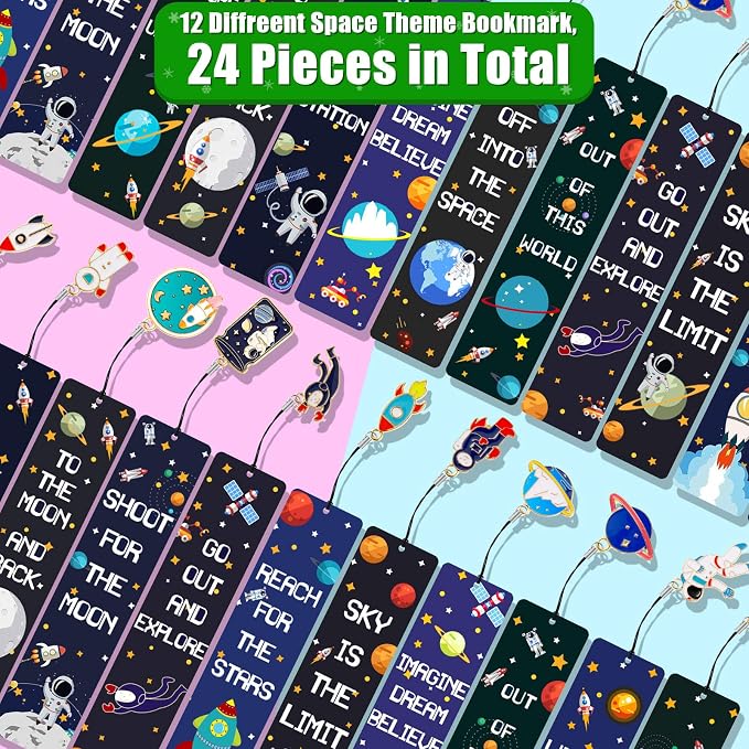 24 Pack Space Bookmarks Bulk for Kids, Outer Space Themed Party Favors, Astronaut Rocket Planet Galaxy Theme Birthday Party Favors, Bookmarks with Metal Charms for Boys Girls, Classroom Rewards Gifts