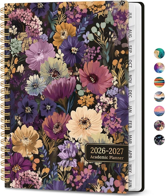 Academic Planner 2026-2027, Weekly and Monthly Calendar Book, July 2026 – June 2027, Hardcover Planner with Tabs, Perfect for Teachers, Students, Women & Men, A4 (8.5" x 11") - Midnight Bloom