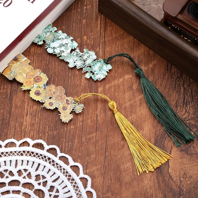 2 Metal Bookmarks with Tassel, Oil Painting Sunflowers and Vase with Roses