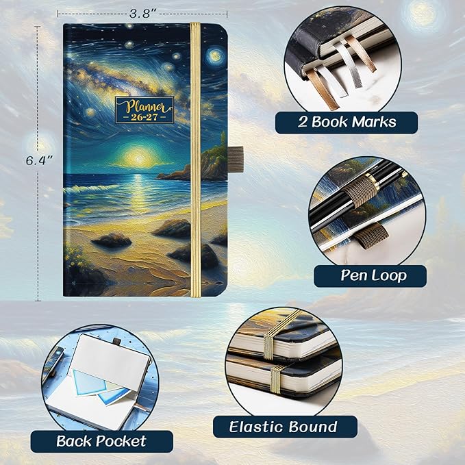 Pocket Calendar 2026-2027 - Pocket Planner 2026-2027 for Purse, Jul 2026 - Jun 2027, 6.4''×3.8'', 26-27 Planner Weekly and Monthly with Pen Loop, Back Pocket, Elastic Closure, Note Pages - Mountain and Sea
