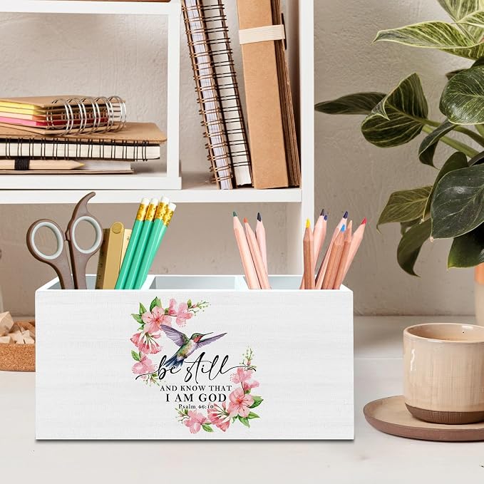 DILSJ Christian Bible Verse Pen Pencil Holder Organizer for Desk, Hummingbird Gifts for Women, Be Still And Know That I Am God Wooden Box Signs for Home Office Church Desk Tabletop Decoration