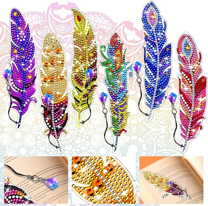 Diamond Art Bookmarks, 6 Pcs Cute Diamond Art Bookmarks for Book Lovers, DIY Feather Bookmark Diamond Art Kits for Kids