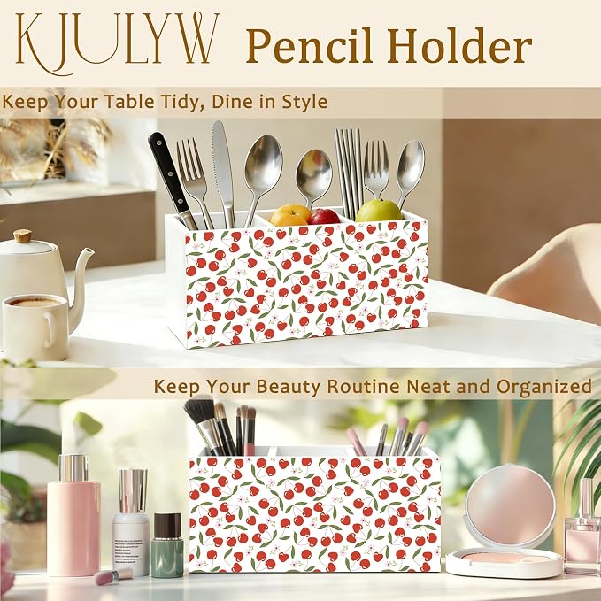 Cute Cherry Pen Holder for Desk, Cherry Gifts for Women, Girly Aesthetic Cherries Floral Wooden Box Pencil Pen Holder Organizer for Home Office Desk Accessories