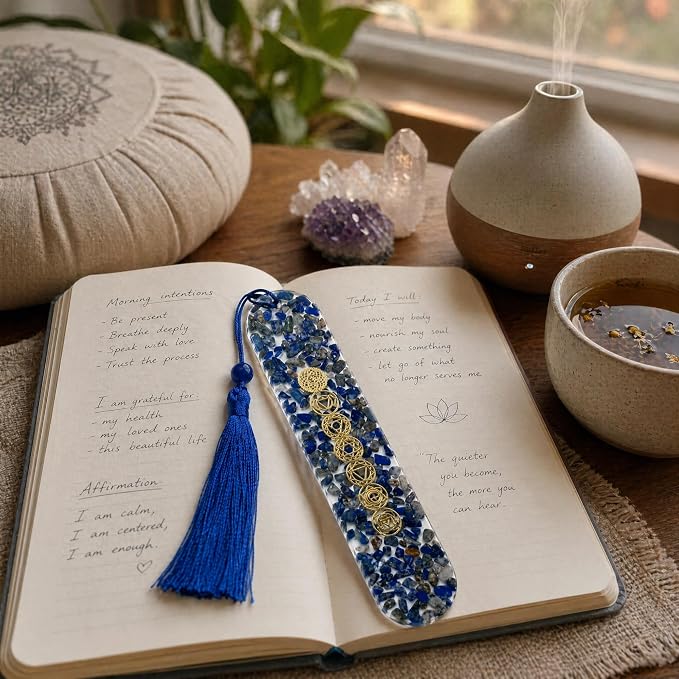 Fantasy Vintage Bookmark Gifts - Lapis Lazuli 7 Chakra Healing Crystals Resin Bookmarks for Women Men Book Lovers Beaded Tassels Page Marks Reading Accessories Bookish Birthday Graduation Gift