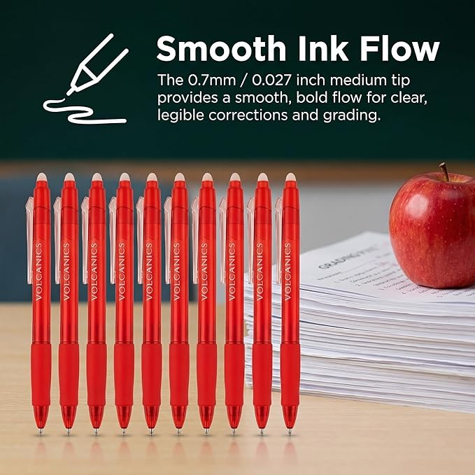 Volcanics Erasable Gel Pens Red Ink, 12 Pack Retractable Clicker Gel Ink Pen, 0.7mm,Fine Point Smooth Writing for Office Work Journaling