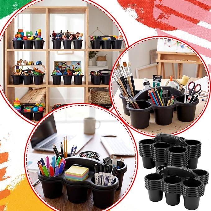 12 Pack Classroom Caddy Organizer with Handle Plastic Cup Caddy 6 Compartment Organizer School Storage Supplies for Table Crayon Pencil Cup Marker Craft School Home Office(Black)
