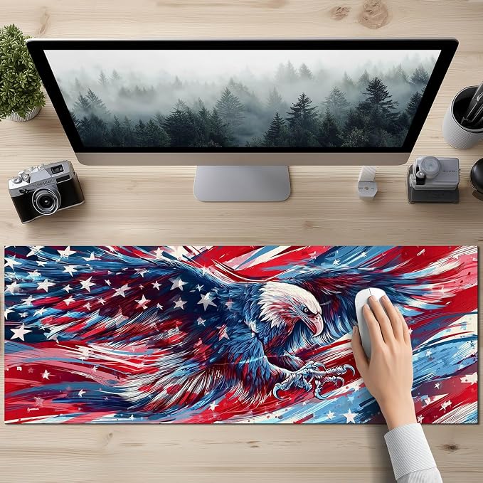 HOMETITUTE Large Mouse Pad 31.5 x 11.8 Inch Bald Eagle American Flag Desk Mat Extended Gaming Mousepad Non Slip Waterproof Desk Pad Keyboard Mat Office Computer Accessories