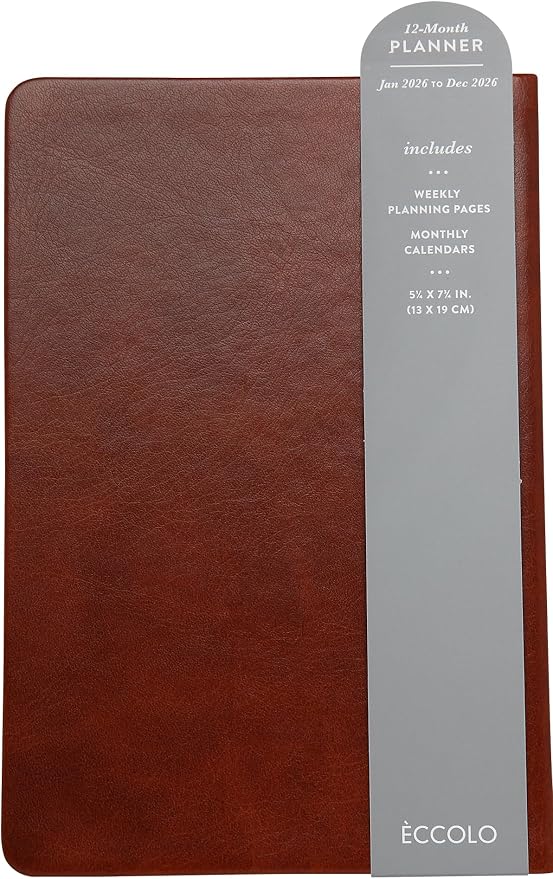 WORLD TRAVELER 2026 Planner - 6x8 Inch Weekly and Monthly Calendar Planner Agenda Book with Bookmark & Ribbon for School and Office, Size 6X8, Brown