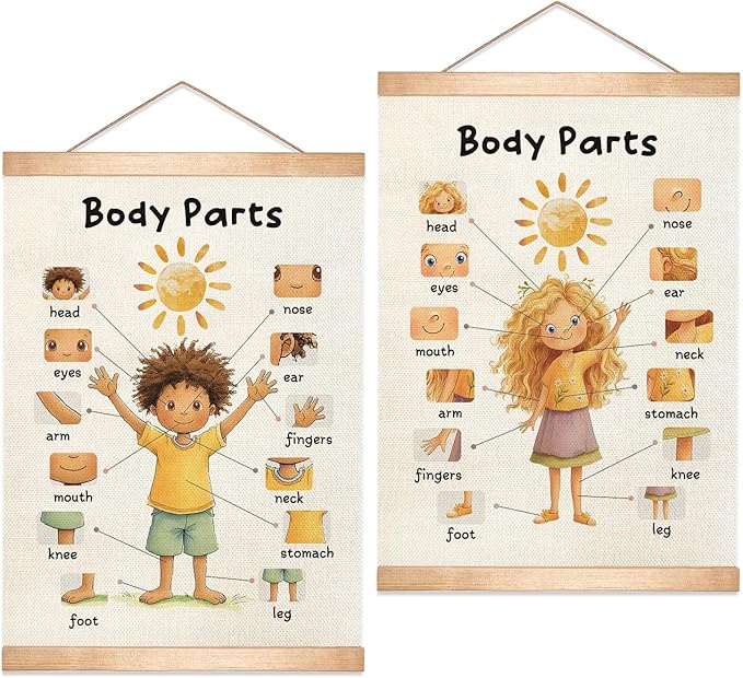 HEYJEEPER Body Parts Learning Posters Set of 2,Linen Educational Wall Art with Wood Hanger, Cute Girl & Boy Body Parts Charts for Toddlers Preschool Classroom Playroom Nursery Decor,18.5x14 Inch
