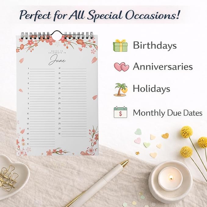Perpetual Floral Wall Calendar for Birthdays and Anniversaries -12 Months - Dates to Remember Book - Journal for Important & Special Days - Wall Hanging Date Organizer 6 x 9 inches