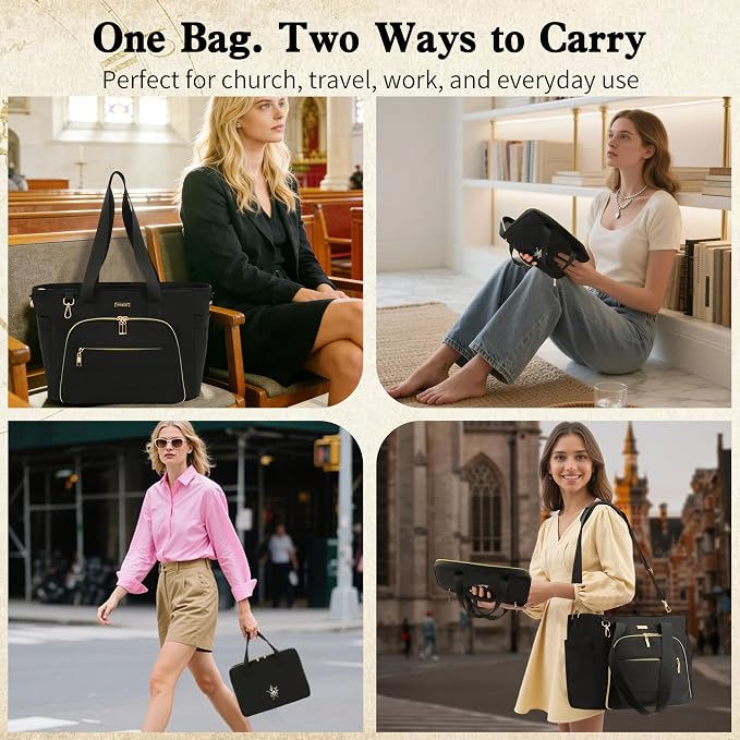 Large Bible Bag for Women, 2-in-1 Bible Tote with Detachable Embroidered Bible Cover & Study Supplies, Church Bible Study Bag, Gift-Ready Christian Gift for Women (Black)