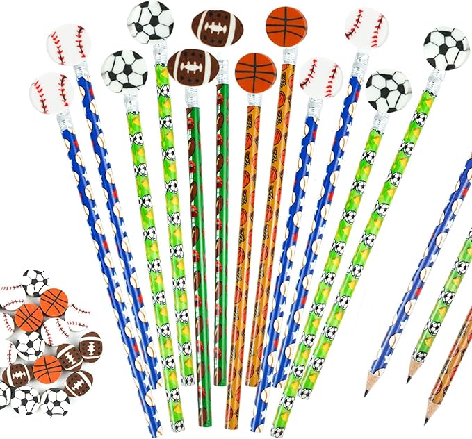 20 Pieces Sport Pencils 20 Pcs Sports Ball Erasers Sets Wooden Baseball Football Pencils Sports Themed Teachers School Stationery Class Reward
