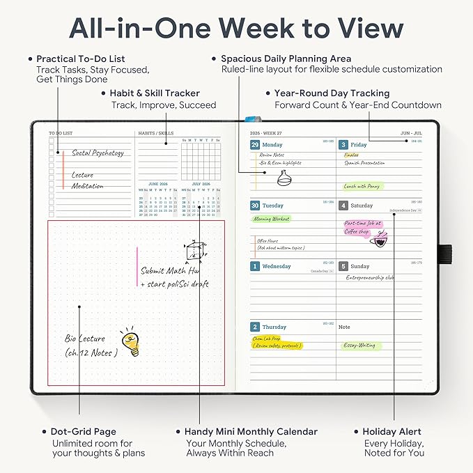 Weekly Planner 2026-2027 A5 (6.5" x 8.5") 12 Months (Jul'26 - Jun'27) Weekly & Monthly Planner with Month Tabs & Inner Pocket, Expenses/Note Pages, PU Leather Black