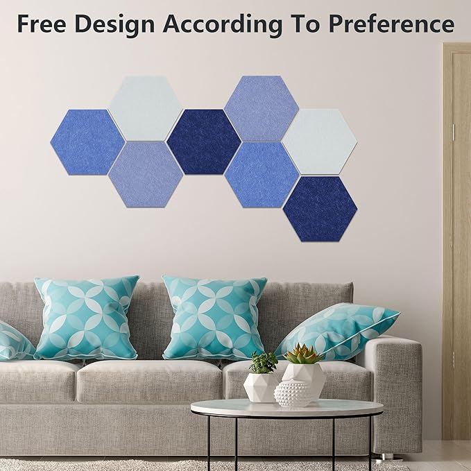 Vienrose Hexagon Felt Bulletin Board Self Adhesive Pin Board Wall Decoration Tiles with 35 Push Pins for Office Home and School, Blue Series 8 Pack
