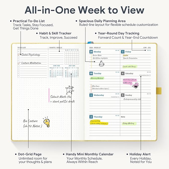 Weekly Planner 2026-2027 A5 (6.5" x 8.5") 12 Months (Jul'26 - Jun'27) Weekly & Monthly Planner with Month Tabs & Inner Pocket, Expenses/Note Pages, PU Leather Yellow