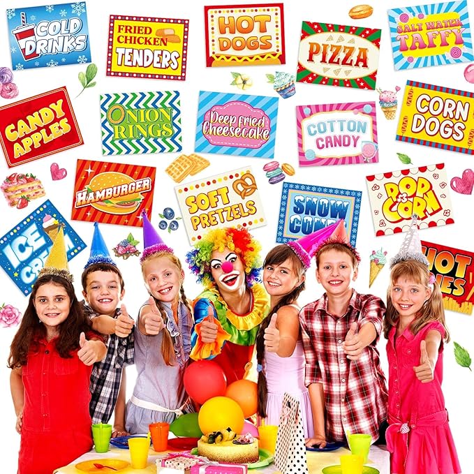 Yeaqee 16 Pieces Carnival Food Signs Cutouts for Classroom Carnival Party Bulletin Board Decor Food Truck Signs Corn Dogs Snow Cones Cotton Candy