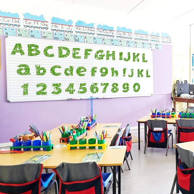 Colarr 216 Pcs Glitter Bulletin Board Letters for Classroom Number Alphabet Punctuation Symbol Cutout 4'' Die-Cut Poster Letter with Adhesive Dot School Party Holiday Decor Display(Lime Green)