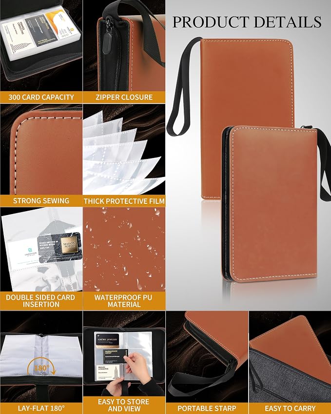 Leather Business Card Book Holder Organizer, Professional Name Card Book Holder with 300 Card Capacity, Portable PU Credit Card Wallet File Sleeve Storage for Men Women,50 Pack Sleeves (Reddish Brown)