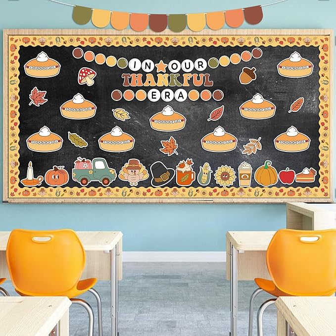 152Pcs Thanksgiving Bulletin Board Decoration Set, In Our Thankful Era Pumpkin Pie Cutouts Kids DIY Photo Craft Fall Border Trims Thanksgiving Classroom Chalkboard Supplies Wall Decor