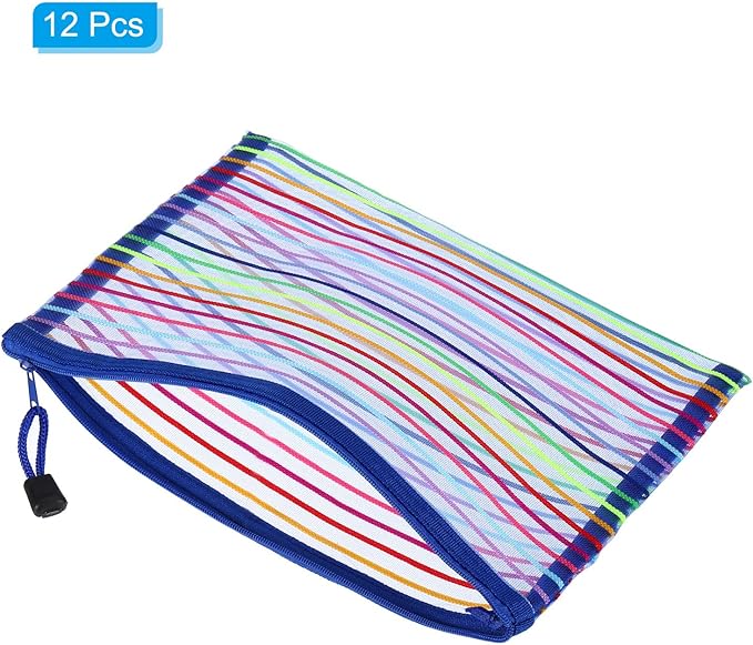 PATIKIL Mesh Zipper Pouch, 12 Pack Nylon A5 Size Pen Pencil Case Document Toiletry Cosmetic Makeup Zipper Travel Pouch Organizer for Office, Blue