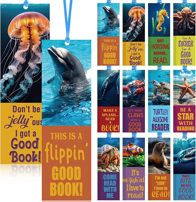 PerKoop 60 Pieces Realistic Ocean Bookmarks with Ribbon Bulk for Reading with Cute Sea Animals Encouragement Bookmarks for Students School Party Rewards Gifts